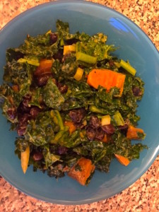 Kale, black bean, onion, sweet potato salad with spicy avocado dressing!