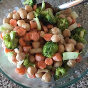 Chickpea, broccoli, carrot salad with mustard-mayo-olive oil-lemon dressing. Delicious!