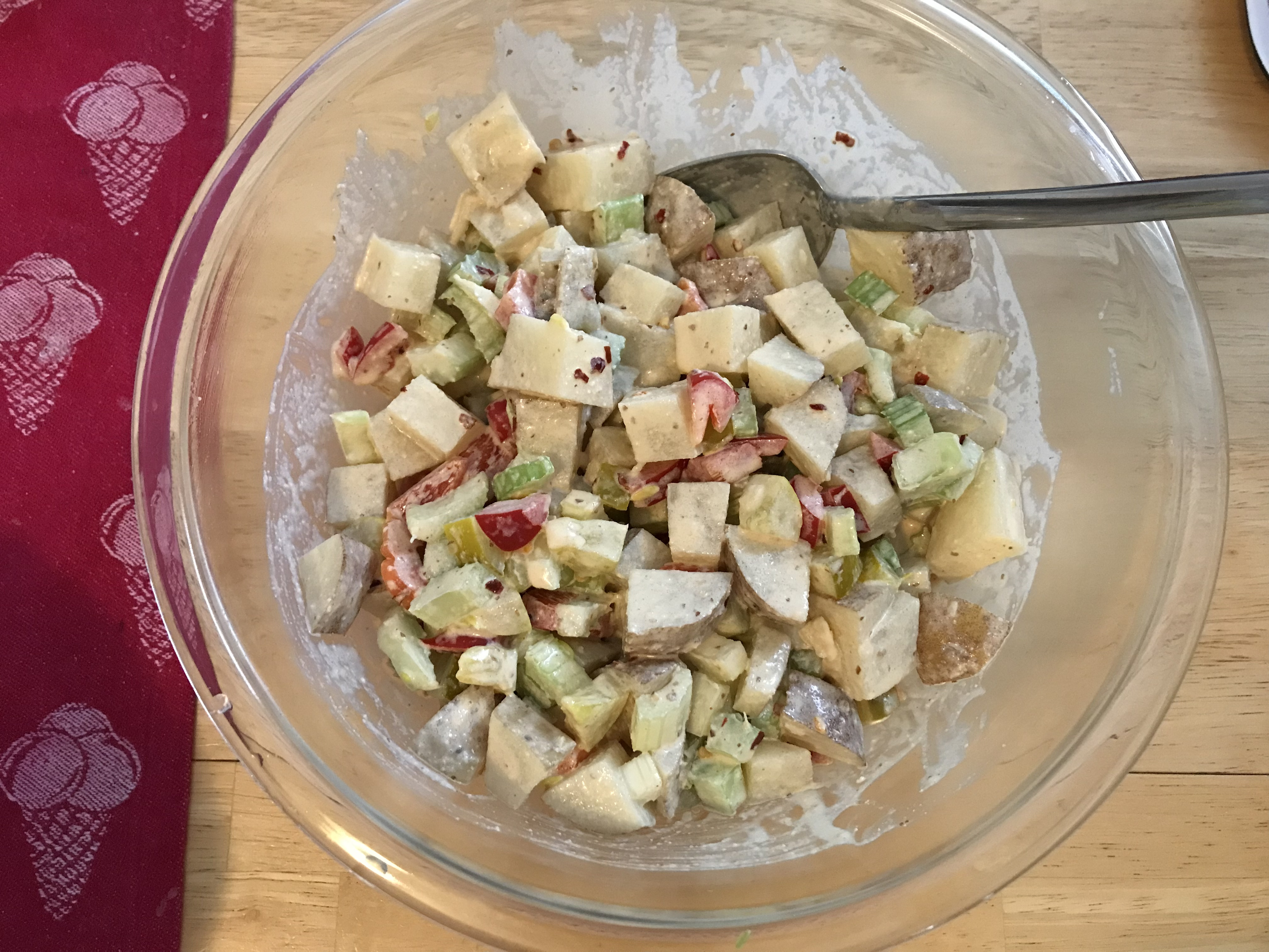 chipotle Bitchin' Sauce potato salad in glass bowl